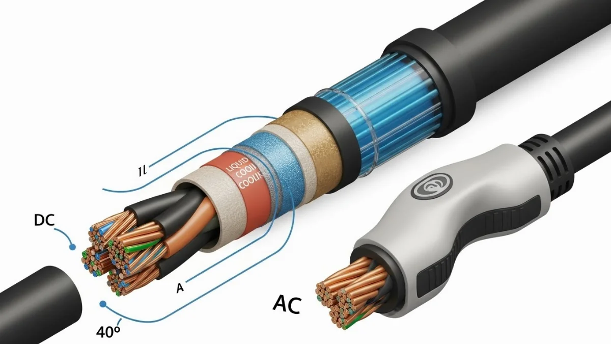 So sánh cấu tạo mặt cắt ngang của cáp sạc AC và cáp sạc DC làm mát chất lỏng