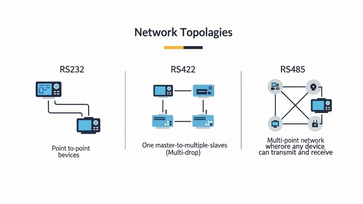 Sơ đồ kết nối mạng cáp tín hiệu RS485 đa điểm trong hệ thống công nghiệp