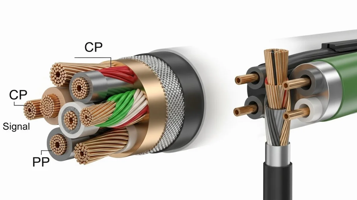 Cấu tạo mặt cắt ngang của dây sạc xe điện với các lõi tín hiệu