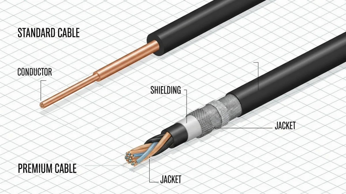 Minh họa một sợi cáp tín hiệu cao cấp với cấu trúc chống nhiễu đa lớp.