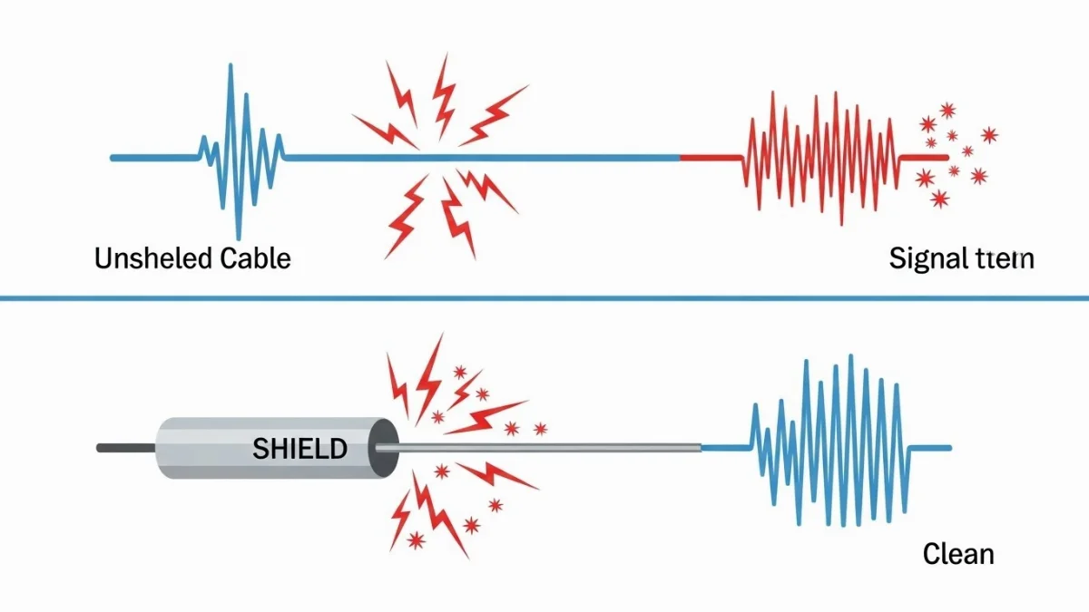 Hình ảnh cấu tạo cáp tín hiệu chống nhiễu với lớp lưới bện và lá chắn