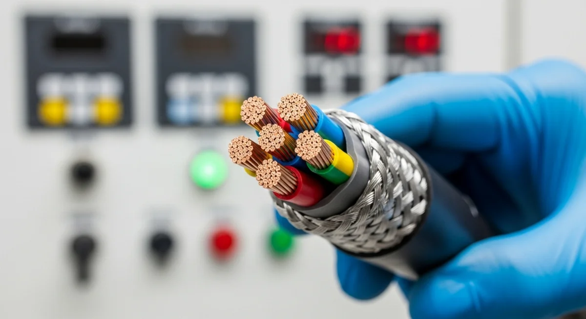 Hình ảnh cáp điều khiển chống nhiễu với nhiều lõi và lớp bện kim loại