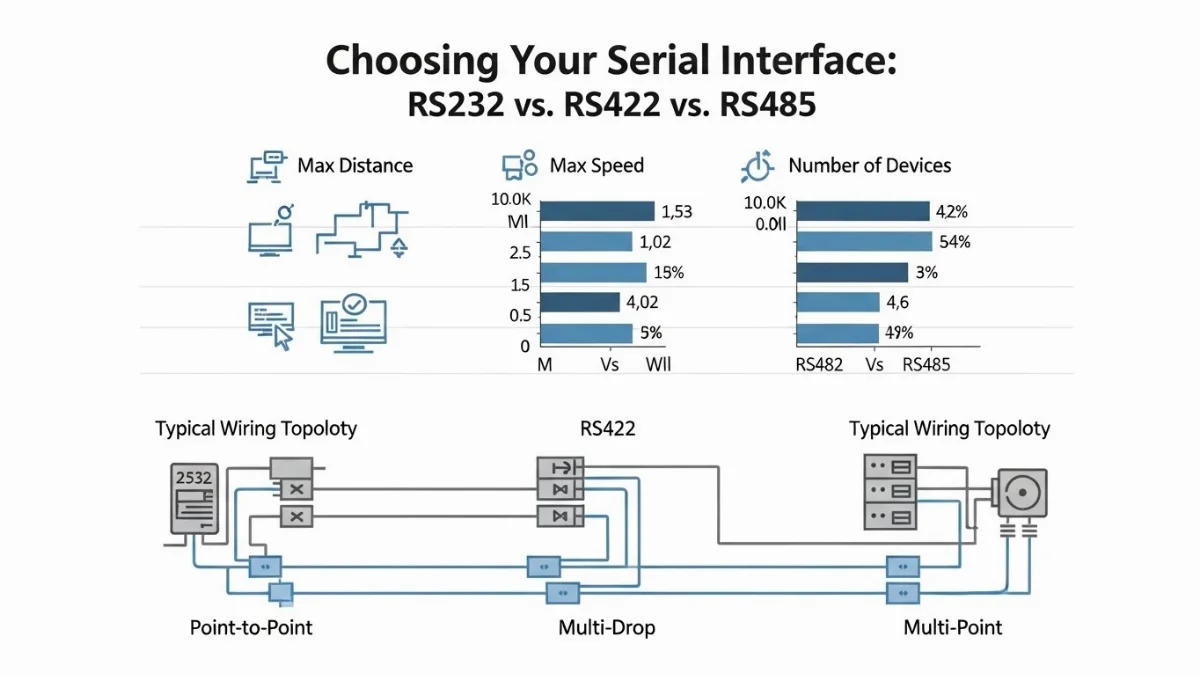 Biểu đồ so sánh tốc độ và khoảng cách truyền của cáp tín hiệu RS232, RS485 và RS422