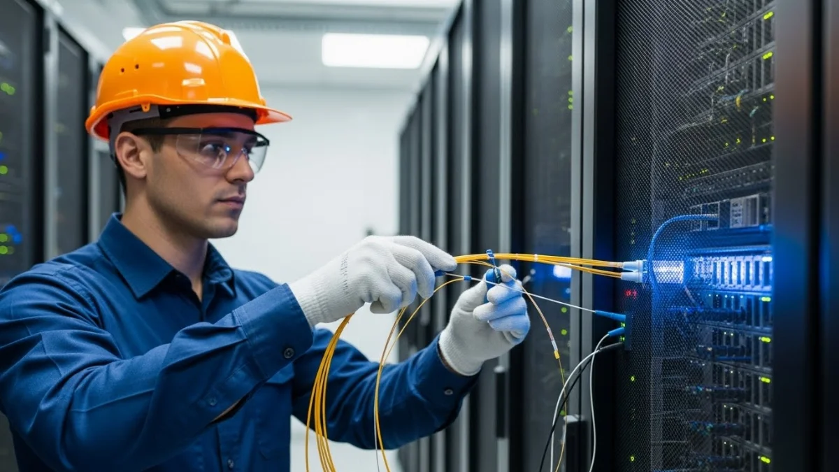 Nhân viên đang kiểm tra thiết bị bảo hộ cá nhân trước khi thi công cáp tín hiệu.