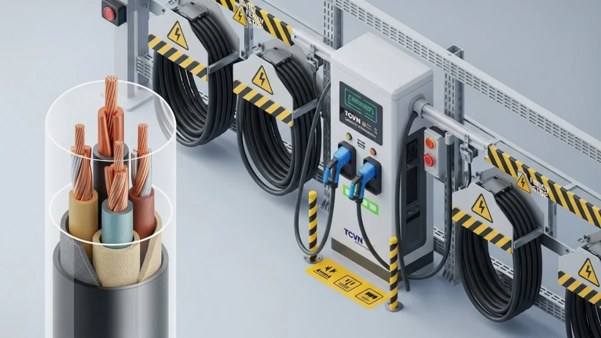 Một trạm sạc xe điện công cộng hiện đại với cáp sạc TCVN